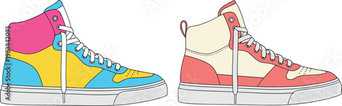 Brightly Colored High-Top Sneakers with Vibrant Pink, Yellow, and Blue Design for Fashion and Casual Wear