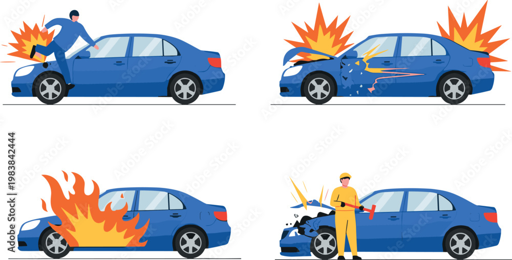 Fototapeta premium Car Accident and Emergency Response Illustration Set with Fire, Damage, and Rescue for Vehicle Safety Designs