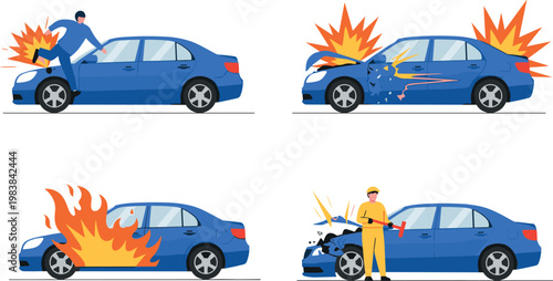 Car Accident and Emergency Response Illustration Set with Fire, Damage, and Rescue for Vehicle Safety Designs