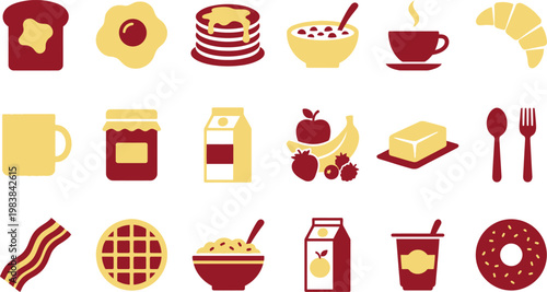 Colorful breakfast icons including food and drink items for a meal
