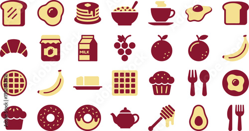 Colorful breakfast icons including bread, fruits, milk, and utensils for food and drink