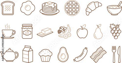 Various breakfast foods icons including bread, pancakes, and fruit
