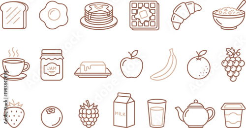 Various breakfast foods and drinks icons in brown and orange hues on a white background illustration