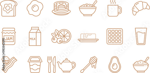 Collection of various breakfast foods and drink icons in orange and brown hues on a white background