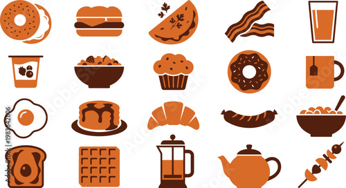 Colorful illustrations of various breakfast foods and drinks on a white background