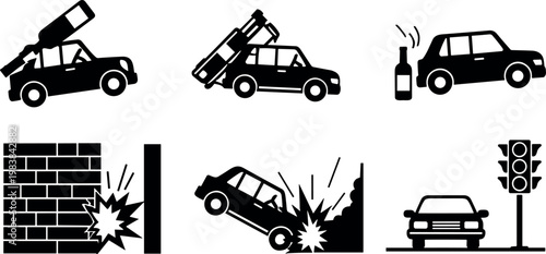 Car Incident and Action Icons Including Crashes, Alcohol, and Traffic Signals