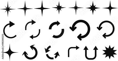 Collection of directional and rotational symbols paired with starburst elements