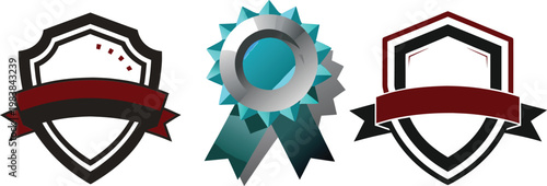 Three distinct shield and ribbon badges in varying colors and designs high quality