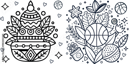 Two decorative illustrations featuring floral and spherical elements in black line art