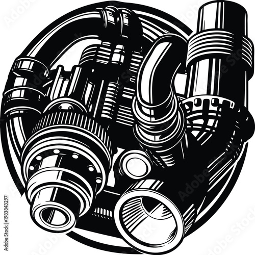 Intricate mechanical assembly of vintage pipe fittings and valves