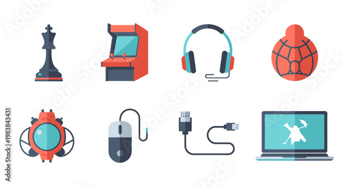 Collection of Gaming and Technology Icons Including Chess, Arcade, Headphones, and Laptop