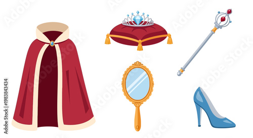 Fairy Tale Costume Accessories Collection with Cloak, Tiara, Mirror, Wand, and Shoe