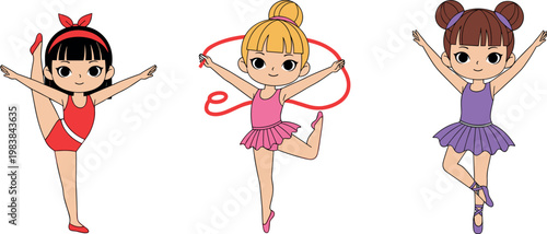 Cartoon Ballet Dancer Characters in Various Poses and Outfits for Dance and Performance Illustrations