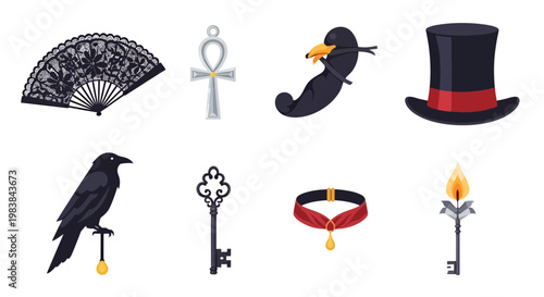 Assorted Costume Accessories Set with Hat, Necklace, Key, and Mask