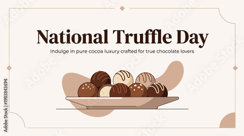 National Truffle Day with assorted chocolate truffles on plate, gourmet dessert and luxury confectionery concept, modern flat vector illustration