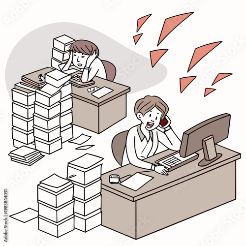 Overwhelmed coworkers dealing with paperwork