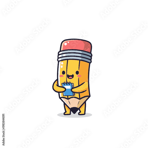 Cute Cartoon Pencil Character Holding Star.