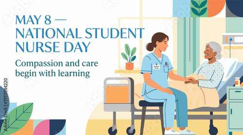 National Student Nurse Day with nurse caring for elderly patient in hospital, healthcare training and compassion concept, modern flat vector illustration