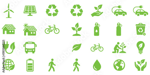 Collection of eco friendly and sustainable living icons for environmental conservation and green technology