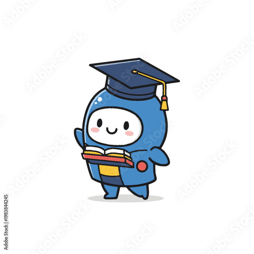 Smiling cartoon character in graduation cap.