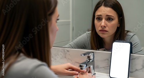 Sad woman looking at her reflection in bathroom mirror with blank smartphone