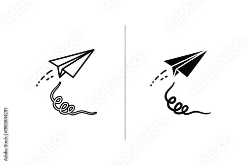 Origami paper airplane taking flight with trailing string, simple vector illustration