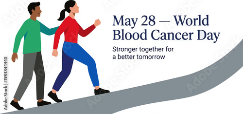 World Blood Cancer Day with people walking forward together, awareness support and hope concept, health campaign and solidarity illustration