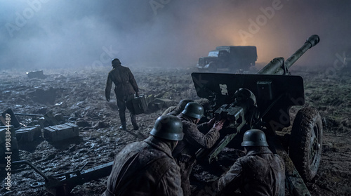 Photos Soldiers operating historical artillery cannon on a misty, muddy battlefield at night, depicting wartime action