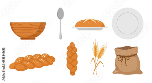 Healthy Whole Grain Food Ingredients with Bread Wheat and Bag of Flour