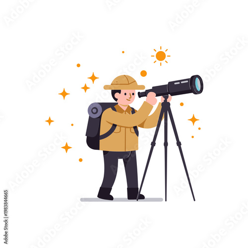 Adventurous Explorer with Telescope Searching for Stars and Discoveries