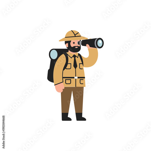 Adventurous Explorer with Binoculars and Backpack on White Background