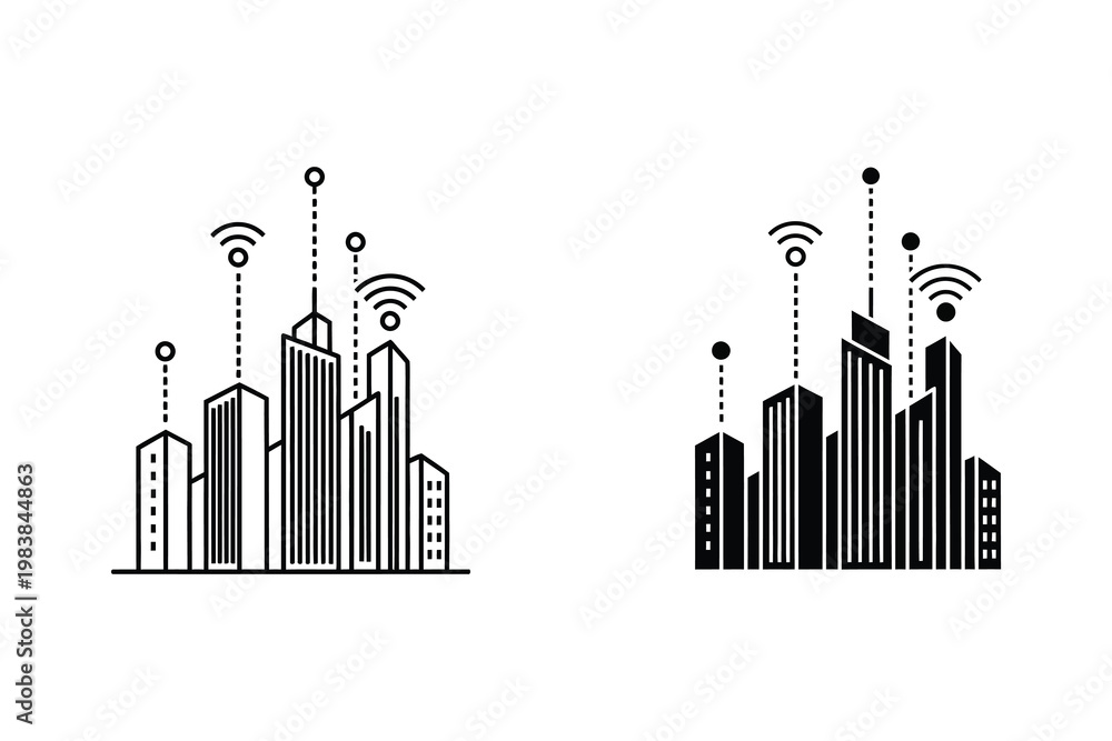 Fototapeta premium Smart City Skyline with WiFi Signals and Connected Buildings, Flat Design Vector Illustration