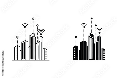 Smart City Skyline with WiFi Signals and Connected Buildings, Flat Design Vector Illustration
