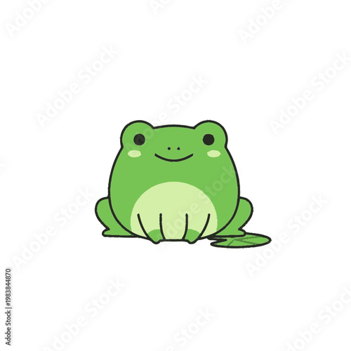 Smiling green cartoon frog character sitting.