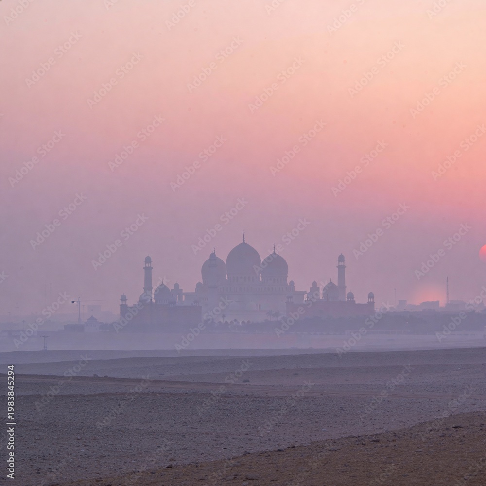 Obraz premium Silhouette of a grand mosque at sunrise in the desert haze. Beautiful Islamic architecture under a pink and purple sky. Spiritual travel and cultural heritage background.