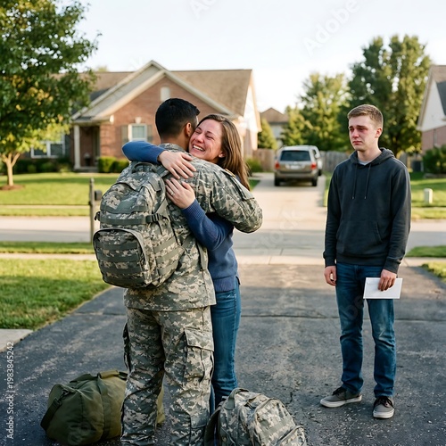 Soldier returns home reuniting with family in emotional homecoming scene on suburban driveway