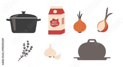 Cooking Ingredients and Kitchenware Collection for Culinary Preparation