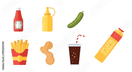 Assorted Fast Food Items and Condiments on White Background