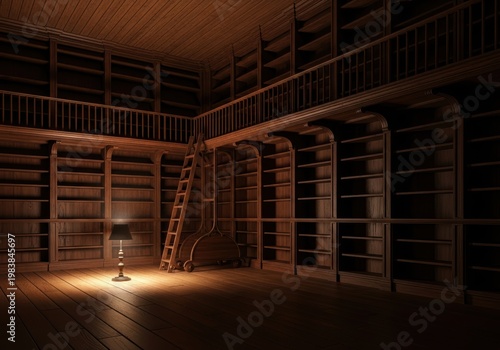 Large empty wooden bookshelves in dark library with floor lamp and ladder
