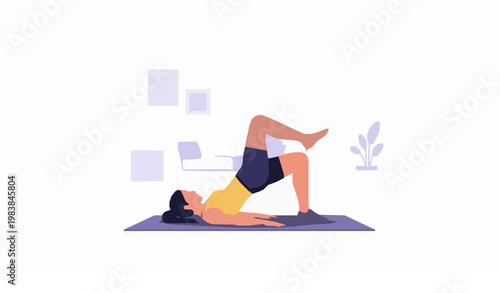 Woman Doing Single Leg Glute Bridge Exercise at Home Living Room Fitness Routine Vector Illustration
