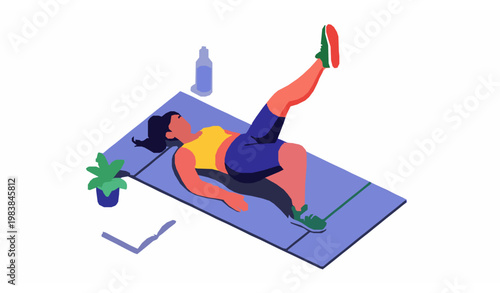 Home Fitness Woman Doing Single Leg Glute Bridge Exercise with Yoga Mat Healthy Lifestyle Vector