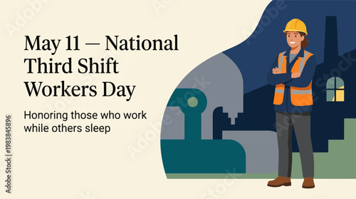 National Third Shift Workers Day with night worker in city, essential workforce and overnight job concept, modern flat vector illustration