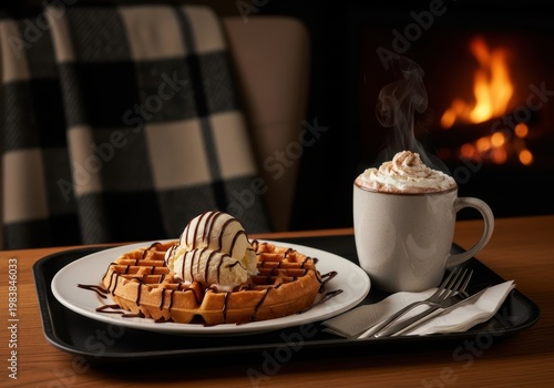 Belgian waffle with vanilla ice cream and hot chocolate near cozy fireplace