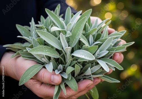 Farmer holding fresh sage bunch with fuzzy green leaves in garden