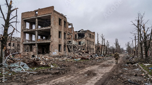 Photos Lone soldier walks through a completely destroyed city, with skeletal buildings and debris under a gray sky