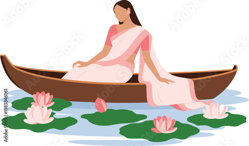 Woman wearing saree laying on boat floating in lotus flower lake beautiful landscape vector on white background.