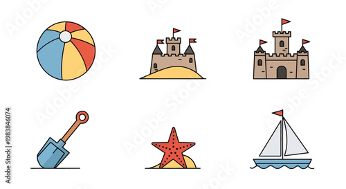 Colorful Beach Ball, Castle Models, Sand Starfish, and Sailboat Scene