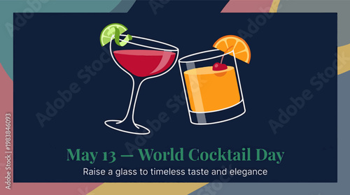 World Cocktail Day with colorful cocktail glasses, mixology and beverage celebration concept, modern flat vector illustration