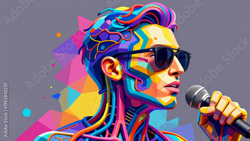 Vibrant Pop Art Digital Portrait of a Speaker with Microphone