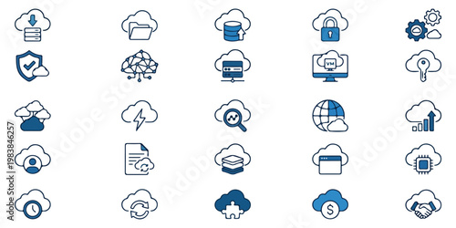 Cloud computing and data storage icons for business and technology concepts
